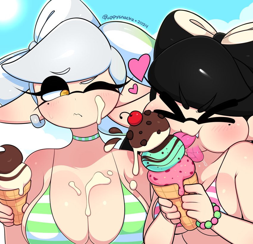 beach big_breasts bikini bikini_top breast_size_difference breasts clothing dessert duo eating eating_food female food heart_symbol ice_cream licking outside pose swimwear tongue two-piece_swimsuit puppysnackz nintendo splatoon callie_(splatoon) marie_(splatoon) squid_sisters_(splatoon) cephalopod inkling marine mollusk hi_res pinup