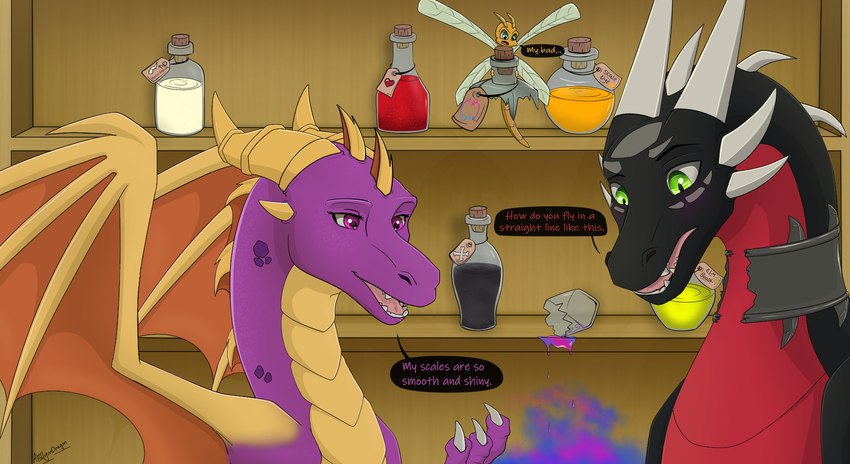 accident after_transformation black_body cracks dialogue female feral flying green_eyes group horn jewelry male name_tag necklace potion potion_bottle purple_body purple_eyes shelf text transformation trio wings apollyondragon activision mythology spyro_the_dragon cynder sparx spyro arthropod dragon dragonfly insect mythological_creature mythological_scalie scalie hi_res