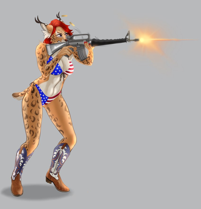 aiming_weapon american_flag_bikini anthro bikini boots clothing cowboy_boots female flag_bikini footwear gun hair purple_eyes ranged_weapon red_hair rifle shoes solo swimwear two-piece_swimsuit weapon cinnameana cadence_ann felid feline lynx mammal absurd_res hi_res