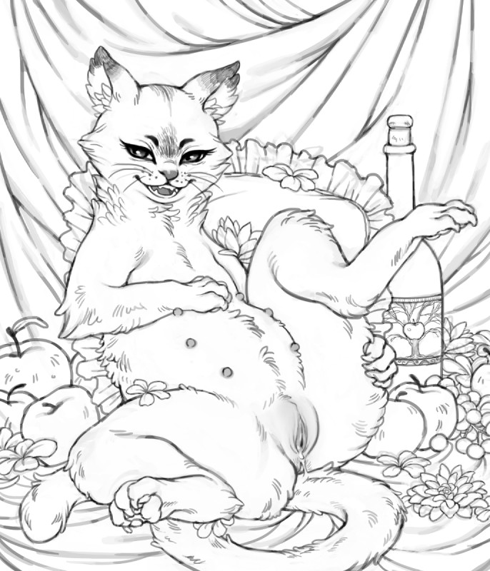 anus apple bodily_fluids bottle cider claws container curling_toes digitigrade erect_nipples eyelashes feet female feral food fruit fur genital_fluids genitals grape looking_at_viewer multi_nipple nipples open_mouth pawpads pillow plant presenting presenting_anus presenting_pussy pussy raised_leg semi-anthro slightly_chubby smile solo spread_legs spreading teats vaginal_fluids whiskers crookedtrees domestic_cat felid feline felis mammal hi_res line_art monochrome