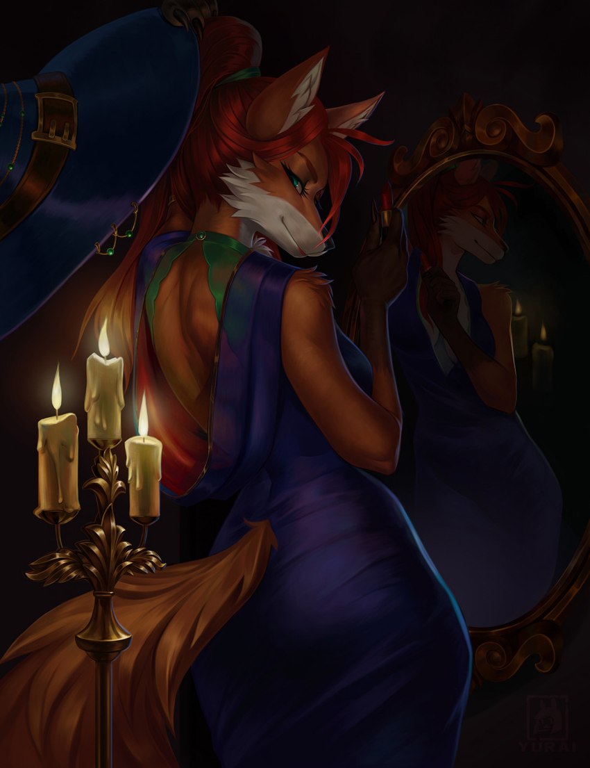 anthro blue_clothing blue_dress breasts butt candle clothing dress ears_up female green_eyes hair hat headgear headwear lipstick looking_at_viewer looking_back makeup medium_breasts mirror ponytail rear_view red_hair solo yurai canid canine fox mammal hi_res