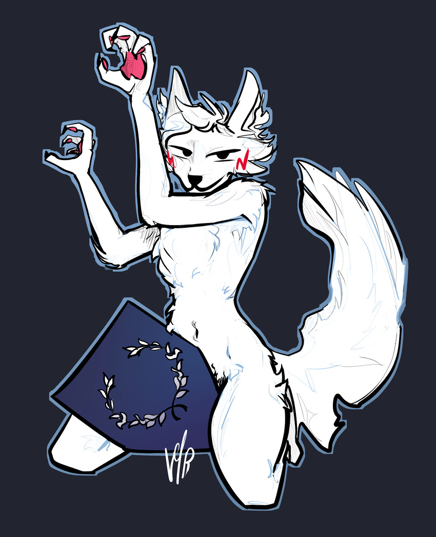 4_fingers anthro black_eyebrows black_eyes black_nose blush blush_lines branch cheek_tuft chest_tuft claws closed_smile coat_of_arms eyebrows facial_tuft femboy fingers fluffy fluffy_tail fur gesture head_tuft kneeling long_fur long_tail looking_at_viewer male mouth_closed narrowed_eyes navel parody pawpads simple_background smile solo tail text tuft white_body white_fur vellesseer boy_kisser_(meme) silly_cat_(mauzymice) domestic_cat felid feline felis mammal 2026 absurd_res artist_name censored hi_res meme signature