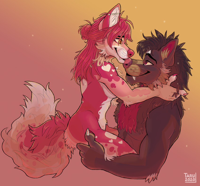 anthro breasts brown_body brown_fur butt butt_grab duo ear_piercing female fluffy fluffy_tail fur hair hand_on_butt happy heart_symbol inner_ear_fluff kissing licking long_hair long_tail love male male/female nose_lick nose_to_nose piercing pink_body pink_fur pink_hair pink_nose romantic romantic_couple size_difference tail tongue tongue_out tuft under_boob tarumeow mythology canid canine canis mammal mythological_canine mythological_creature werecanid werecanine werecreature werewolf wolf