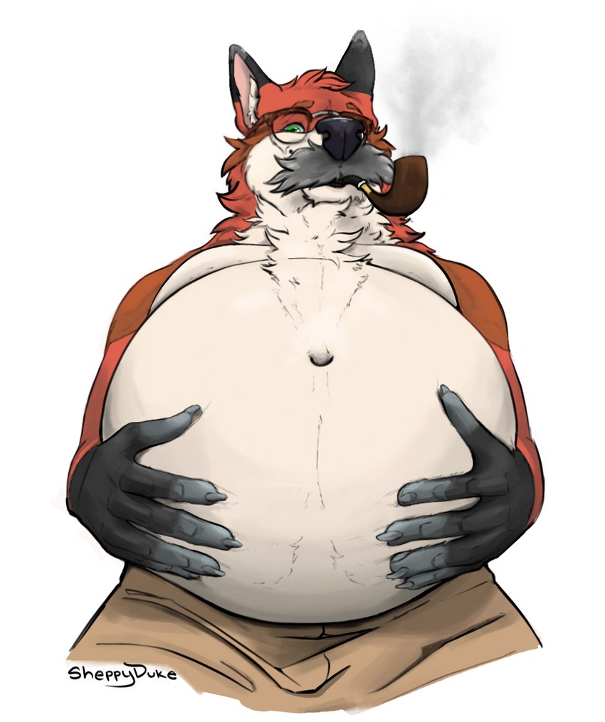 anthro belly big_belly clothed clothing eyewear facial_hair fur glasses green_eyes low-angle_view male mature_anthro mature_male musclegut muscular orange_body orange_fur overweight overweight_male partially_clothed simple_background smoke smoking_pipe solo white_background sheppyduke canid canine fox mammal