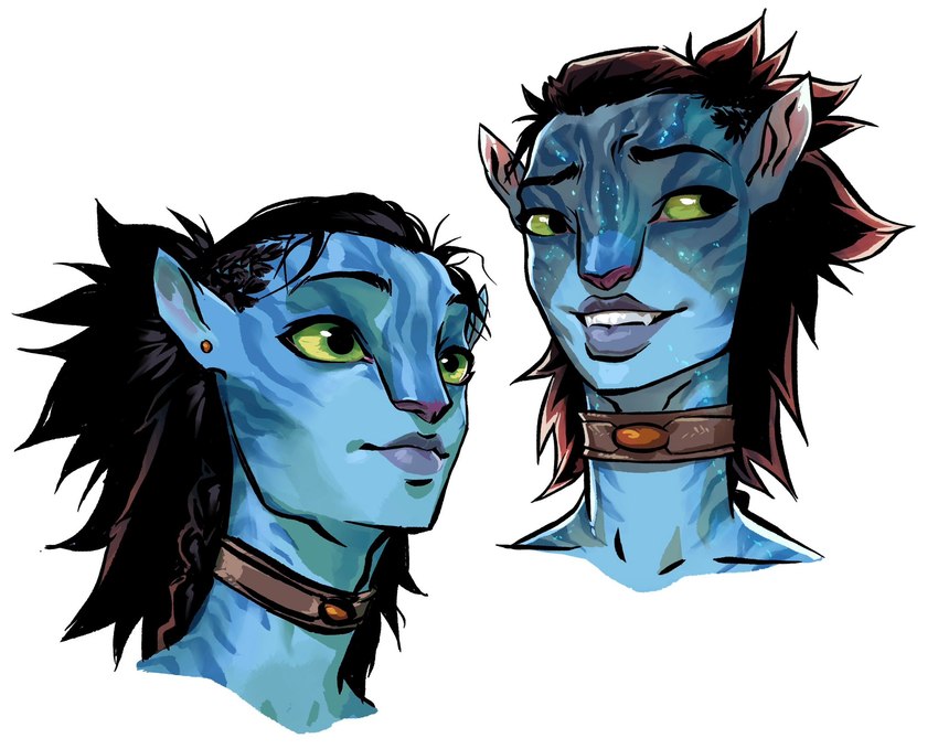 black_hair blue_body blue_skin collar ear_piercing green_eyes hair male markings piercing simple_background smile solo striped_body stripes teeth maxspite james_cameron's_avatar alien alien_humanoid humanoid na'vi 2023 digital_media_(artwork) hi_res