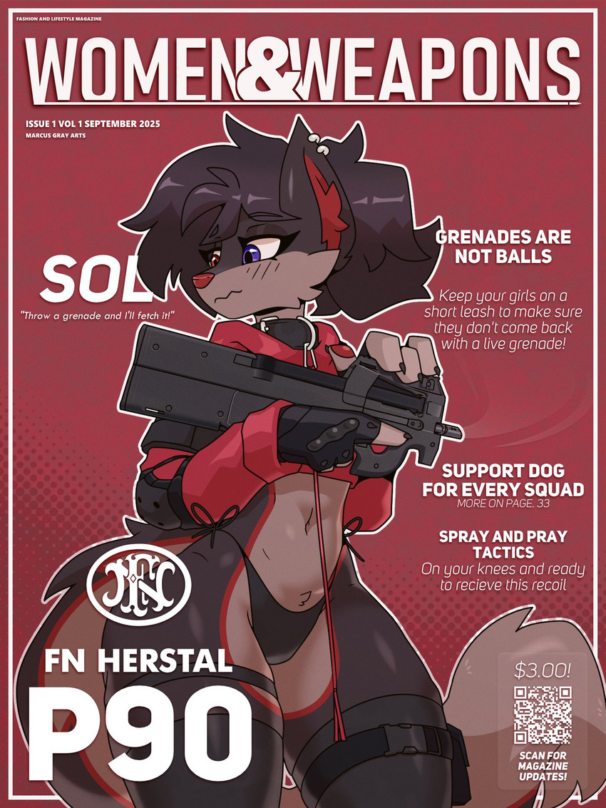 anthro black_clothing black_hair black_panties black_underwear blush brown_body brown_fur cheek_tuft clothing collar cropped_jacket ear_piercing elbow_pads facial_tuft female fingerless_gloves fluffy fluffy_tail fur gloves gun hair handwear heterochromia holding_gun holding_object holding_ranged_weapon holding_weapon inner_ear_fluff leash leashed_collar leg_strap legwear looking_away midriff navel p90 panties piercing purple_eyes ranged_weapon red_eyes shy simple_background solo stockings string_panties submachine_gun tail text tuft underwear weapon marcus_gray fabrique_nationale_herstal femboys_and_firearms canid canine canis domestic_dog mammal 3:4 cover english_text hi_res magazine_cover
