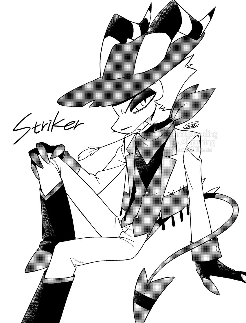 anthro boots chewing_grass clothing cowboy cowboy_hat do_not_distribute footwear hat headgear headwear male shoes simple_background solo tail text white_background enaic31 helluva_boss striker_(helluva_boss) demon hybrid imp absurd_res character_name hi_res monochrome