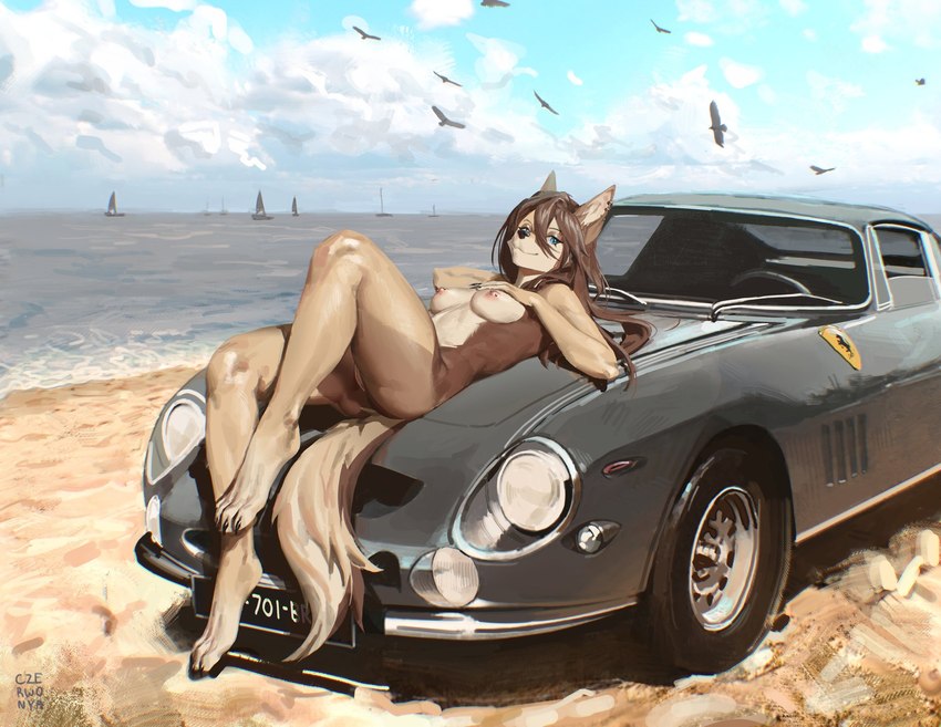 4_toes anthro barbell_piercing beach black_nose blue_eyes boat breasts brown_body brown_fur brown_hair brown_tail car cloud countershade_tail countershade_torso countershading day detailed_background digitigrade ear_piercing ear_ring feet female fur genitals grey_car hair headlights humanoid_genitalia humanoid_pussy inner_ear_fluff logo long_hair looking_at_viewer lying nipple_barbell nipple_piercing nipples nude on_back on_car open_window outdoor_nudity outside piercing pussy ring_piercing sailing_boat sailing_watercraft sea sky solo tail tan_body tan_fur tan_tail toes tuft two_tone_tail vehicle water watercraft czerwonya ferrari ambient_bird canid canine mammal 2024 digital_media_(artwork) digital_painting_(artwork) hi_res signature