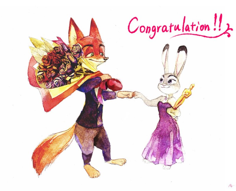 anthro award clothing duo female fur holding_award holding_object holding_oscar_statuette male oscar_statuette shio_mikann academy_awards disney zootopia judy_hopps nick_wilde canid canine fox lagomorph leporid mammal rabbit red_fox true_fox 2017