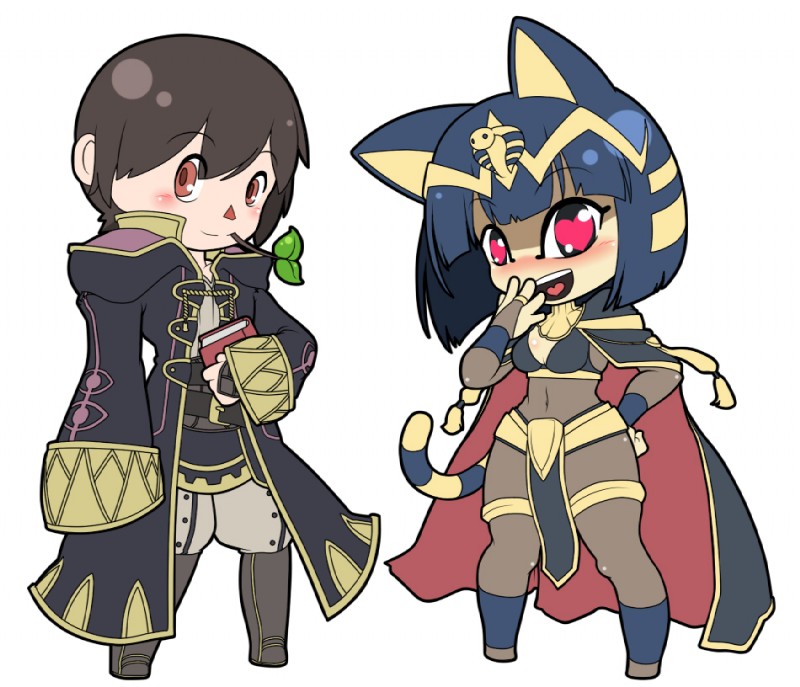 anthro blue_hair blush cosplay duo female hair heart_symbol parody uraeus shadow443 animal_crossing fire_emblem fire_emblem_awakening nintendo ankha_(animal_crossing) robin_(fire_emblem) tharja_(fire_emblem) villager_(animal_crossing) domestic_cat felid feline felis human mammal crossover