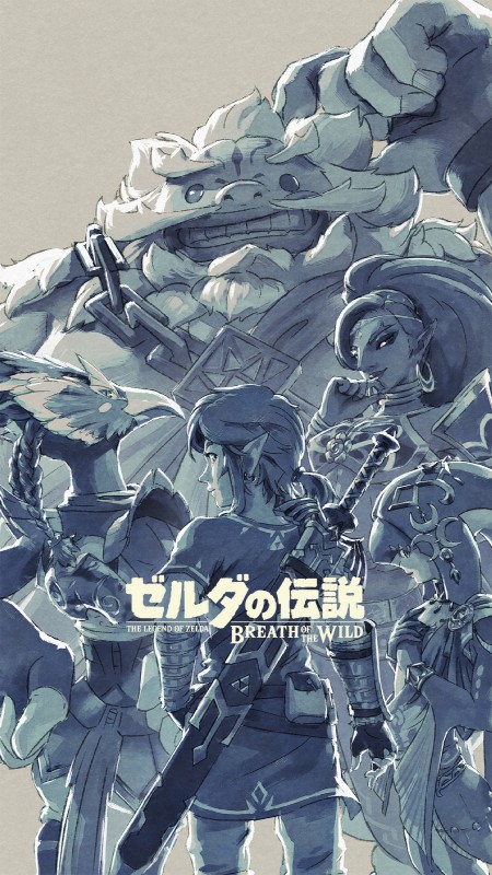 anthro feathers female group male melee_weapon scarf sword text weapon breath_of_the_wild nintendo the_legend_of_zelda link lord_daruk mipha revali urbosa avian bird gerudo goron humanoid hylian marine rito zora 9:16 hi_res japanese_text monochrome official_art