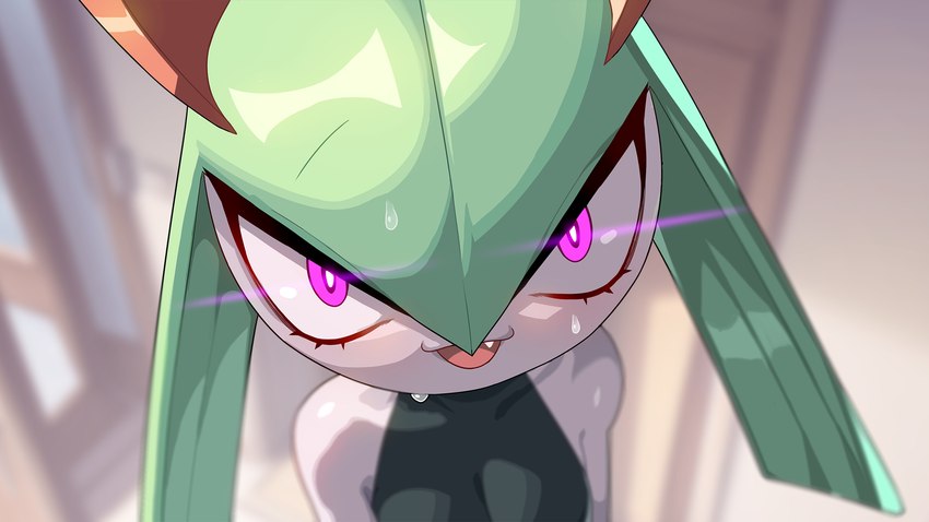 bodily_fluids clothed clothing female glowing glowing_eyes green_hair hair hypnosis mind_control open_mouth pink_tongue purple_eyes sweat teeth tongue white_body drunk_oak nintendo pokemon generation_3_pokemon humanoid kirlia pokemon_(species) 16:9 2023 hi_res widescreen