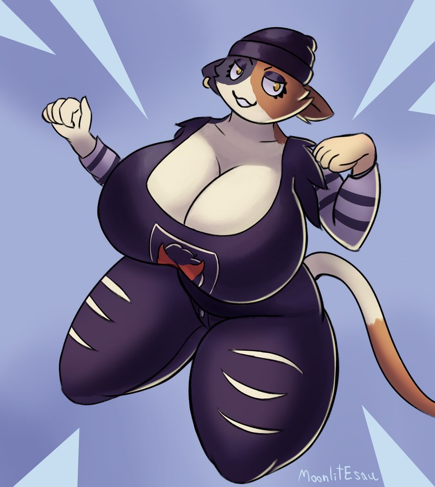 anthro big_breasts breasts cleavage clothed clothing female fur huge_breasts hyper hyper_breasts multicolored_body multicolored_fur smile smiling_at_viewer solo thick_thighs moonlitesau epic_games fortnite meow_skulls calico_cat domestic_cat felid feline felis mammal absurd_res hi_res