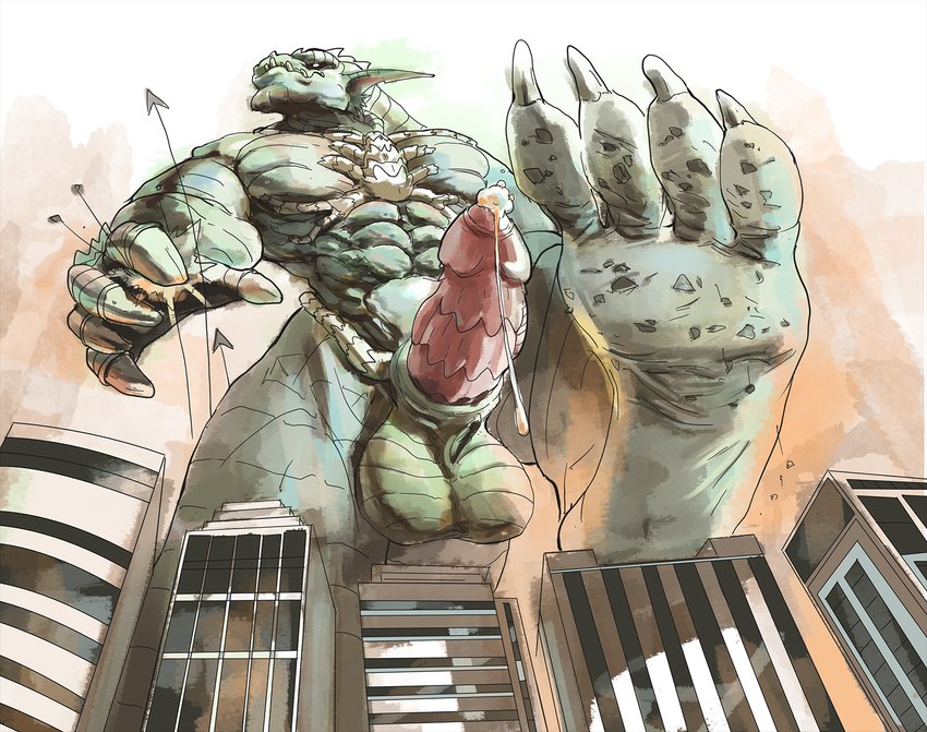 4_toes 5_fingers abs aircraft anthro balls barefoot biped bodily_fluids building building_destruction city city_background city_destruction cityscape claws crush destruction dirty dirty_feet erection extreme_size_difference feet finger_claws fingers genital_fluids genitals green_body humanoid_genitalia humanoid_penis landscape_dwarfing looming low-angle_view macro macro_anthro macro_male male muscular muscular_anthro muscular_male nude outside pawpads paws pecs penile penis precum rampage scaled_penis size_difference sky soles solo stomping stomping_pov tail teeth toe_claws toes vehicle yellow_eyes blackestmanamultis pyronite(commissioner) abrax_(pyronite) monster reptile scalie hi_res