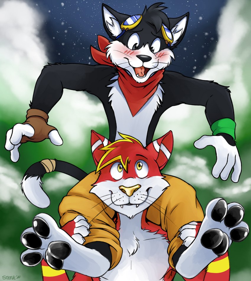 4_fingers anthro black_body black_fur blush feet fingers fur kerchief male neckerchief neckwear night open_mouth red_body red_fur smile whiskers white_body white_fur yellow_eyes yellow_nose stickmanwww domestic_cat felid feline felis mammal 2020 hi_res