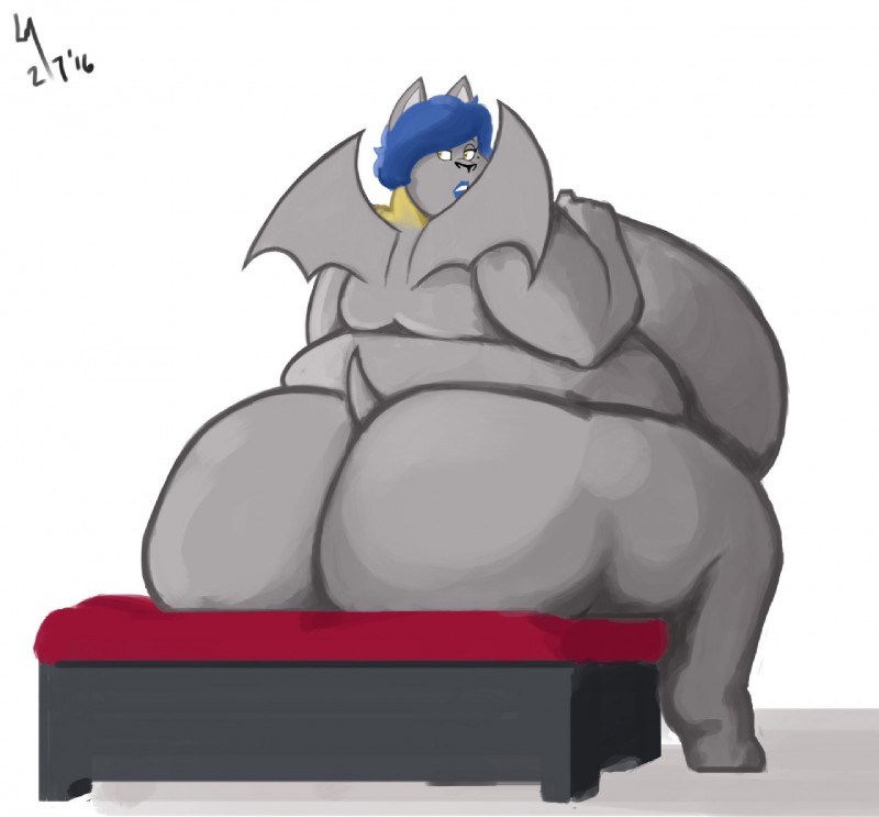 anthro big_breasts big_butt biped blue_hair breasts butt female hair huge_breasts huge_butt looking_back nude obese obese_anthro obese_female overweight overweight_anthro overweight_female side_boob simple_background sitting solo white_background ladiesman217 bat mammal 2016