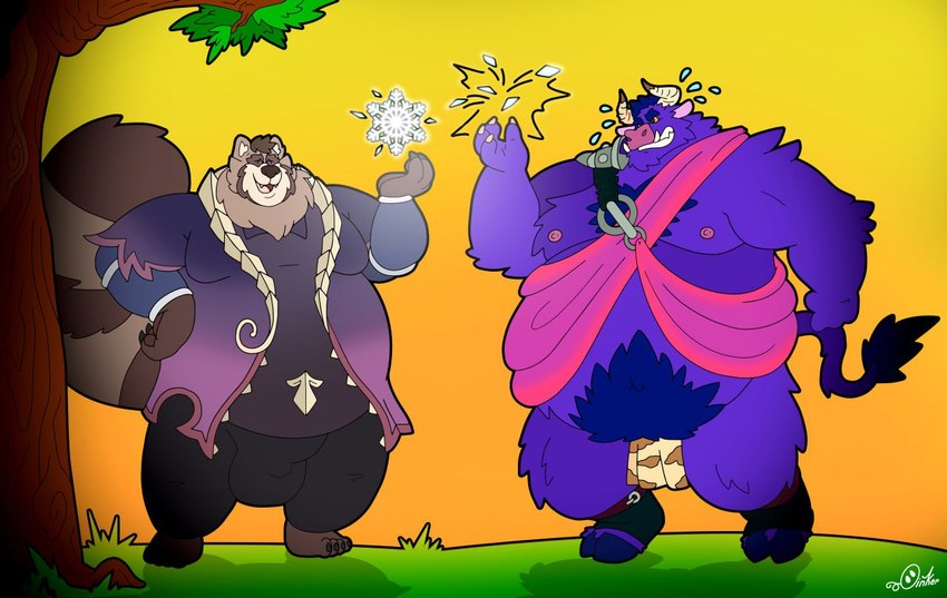 anthro armor belly big_bulge body_hair brown_body brown_fur bulge clothing duo elemental_manipulation fur hair hairy happy_trail hooves horn ice_manipulation magic magic_user male male/male moobs musclegut muscular nipples outside overweight overweight_male pecs purple_body purple_fur robe simple_background slightly_chubby smile tail topwear treasure_map volos(coach_frost) artur_oink eddio killigan's_treasure tera_online killigan bovid bovine canid canine cattle mammal popori raccoon_dog tanuki digital_media_(artwork)