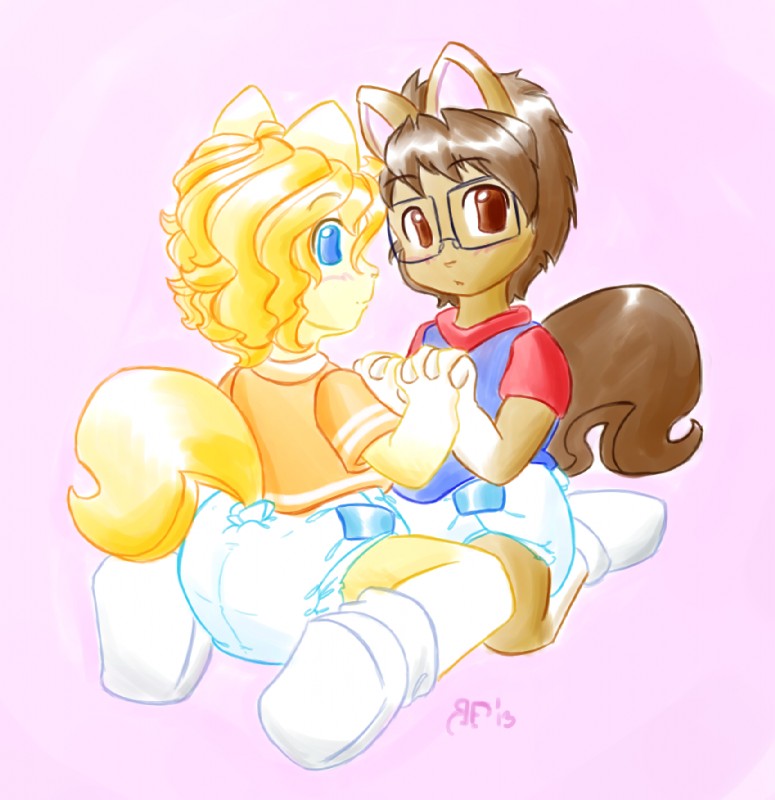 anthro blue_eyes brown_eyes clean_diaper clothed clothing diaper duo eyewear glasses male pink_background simple_background wearing_diaper young young_anthro rfswitched one-up_(rfswitched) shy_guy_(rfswitched) equid equine horse mammal pony 2013