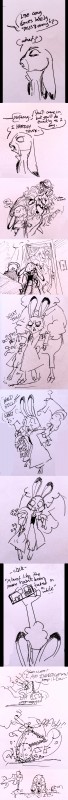 anthro clothed clothing coat dialogue door female fur grabbing inside mace male melee_weapon shocked size_difference speech_bubble tape_recorder text topwear trenchcoat weapon nicolaswildes_(artist) disney zistopia zootopia judy_hopps felid lagomorph leporid lion mammal pantherine rabbit absurd_res comic english_text hi_res long_image monochrome pen_(artwork) tall_image traditional_media_(artwork)