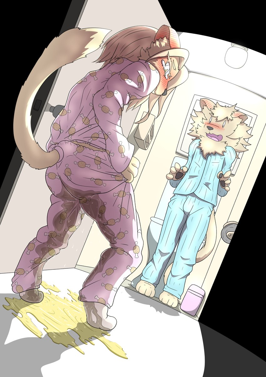 accident anthro blonde_hair blush bodily_fluids clothed clothing desperation embarrassed female fur genital_fluids hair inside looking_at_another omorashi open_mouth pajamas peeing urine urine_on_ground urine_on_self wetting yellow_body yellow_fur mttbsmn felid lion mammal pantherine absurd_res hi_res