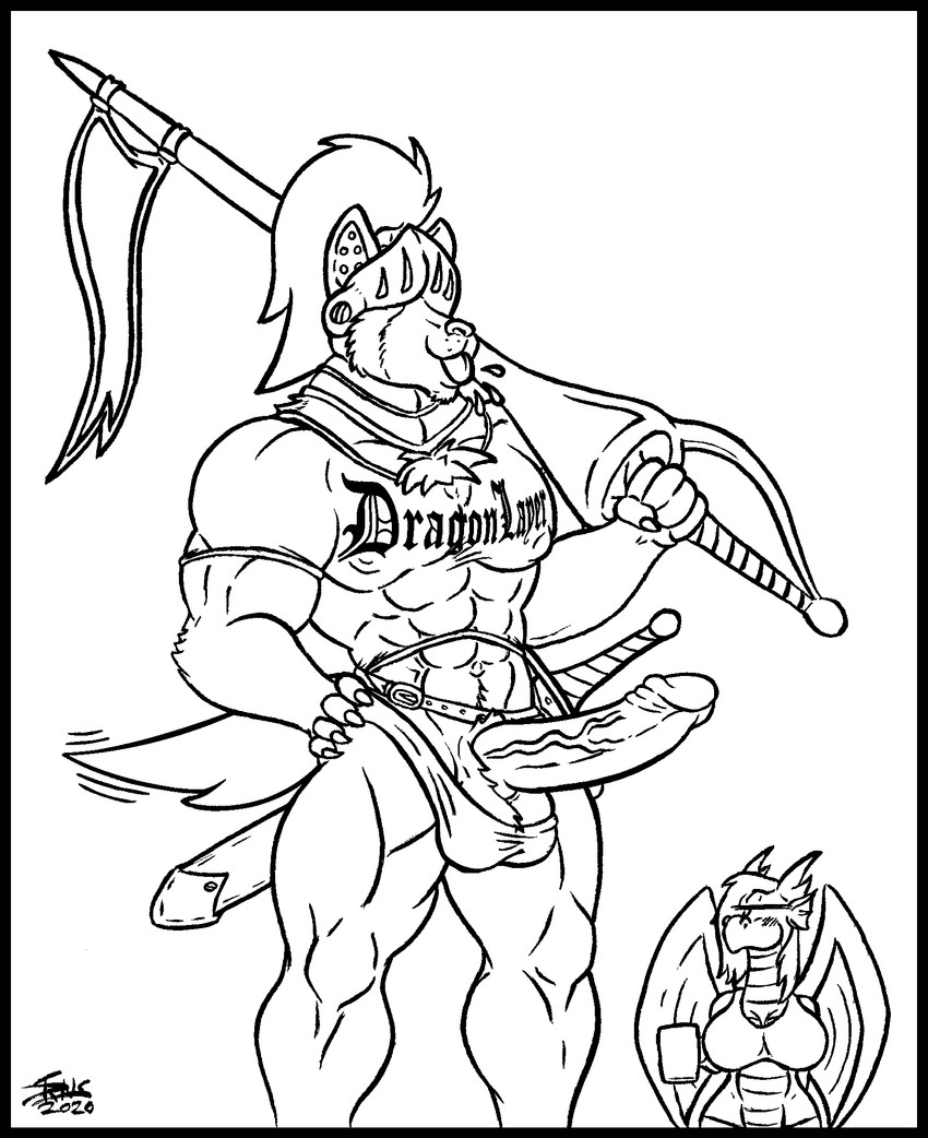 abs annoyed anthro armor big_breasts big_penis blowing blowing_raspberries bodily_fluids breasts bulge clothed clothing container cup duo erection female foreskin genitals headgear helmet horn humanoid_genitalia humanoid_penis humor jousting_lance knight lay_the_dragon making_faces male male/female male_focus melee_weapon muscular muscular_male pbbt pbbth penis pfft shirt solo_focus spitting sword tail tail_motion tailwag tank_top text text_on_clothing text_on_shirt text_on_topwear topwear warrior weapon wings skianous third-party_edit european_mythology mythology ben_(skianous) fassalia_dracher canid canine canis domestic_dog dragon herding_dog malinois_dog mammal mythological_creature mythological_scalie pastoral_dog scalie sheepdog western_dragon english_text hi_res meme monochrome