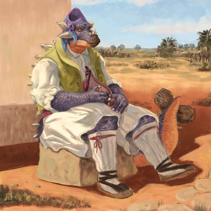 accessory ambiguous_gender anthro beak big_shorts blue_body blue_skin blue_sky bottomwear building button_(fastener) claws clothed clothing footwear garter green_clothing green_topwear green_vest headgear headwear historical_dress holding_object horn impressionist_background kerchief landscape legwear outside palm_tree pathway pink_clothing plant purple_clothing rock rolled_up_sleeves sandals sash self_portrait shirt shoes shorts sitting sky solo spain stockings tail topwear tree vest white_clothing white_shirt white_topwear wineskin dyna_soar dyna_soar_(dyna_soar) ankylosaurian ankylosaurid dinosaur ornithischian prehistoric_species reptile scalie thyreophoran saurian_(disambiguation) 1:1 2025 hi_res portrait signature