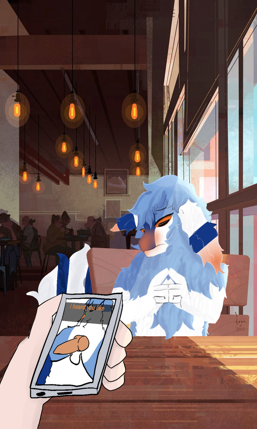 anthro balls blush carrot dick_pic electronics embarrassed emoji food fur genitals knot male nude penis phone plant restaurant solo text vegetable wool_(fur) caduceus'_staff_(artist) the_nature_of_predators mammal venlil_(the_nature_of_predators) 2025 3:5 english_text hi_res