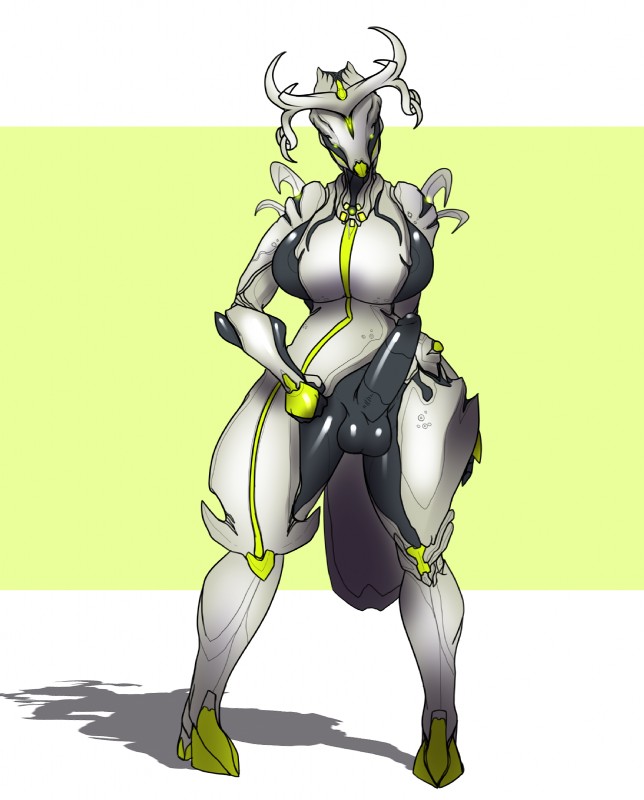 balls big_breasts breasts clothing crossgender erection eyeless front_view genitals gynomorph horn huge_breasts humanoid_genitalia humanoid_penis intersex nipple_outline not_furry penis shadow skinsuit solo thick_thighs tight_clothing lewdreaper digital_extremes tencent warframe oberon_(warframe) alien tenno 2016 digital_media_(artwork) hi_res