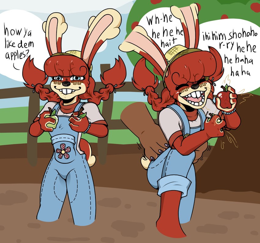 anthro apple barefoot biped braided_pigtails buckteeth clothed clothing duo ears_up feet female food fruit hair laugh looking_at_viewer open_mouth outside overalls pigtails plant red_hair speech_bubble teeth text tickling tickling_sides freakwithatag betsy_(freakwithatag) lagomorph leporid mammal rabbit english_text hi_res