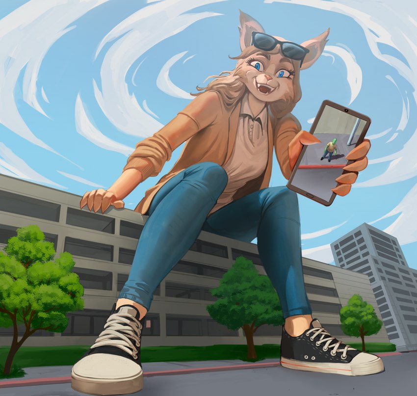 anthro blue_eyes bottomwear breasts building camera_view cellphone city clothed clothing cloud denim denim_bottomwear denim_clothing duo electronics extreme_size_difference eyewear eyewear_on_head faceless_character faceless_male fangs female footwear fur hair holding_cellphone holding_object holding_phone jeans larger_anthro larger_female laugh laughing_at looking_at_viewer looking_down looking_up low-angle_view macro male male_human mocking open_mouth outside pants phone phone_view pink_nose plant reflection shirt shoes sitting sitting_on_building size_difference sky smaller_human smaller_male smartphone sneakers sunglasses sunglasses_on_head tan_body tan_fur tan_hair teeth topwear tree viewer_reflection worm's-eye_view x_gibbs anon felid feline felis human mammal digital_media_(artwork) hi_res