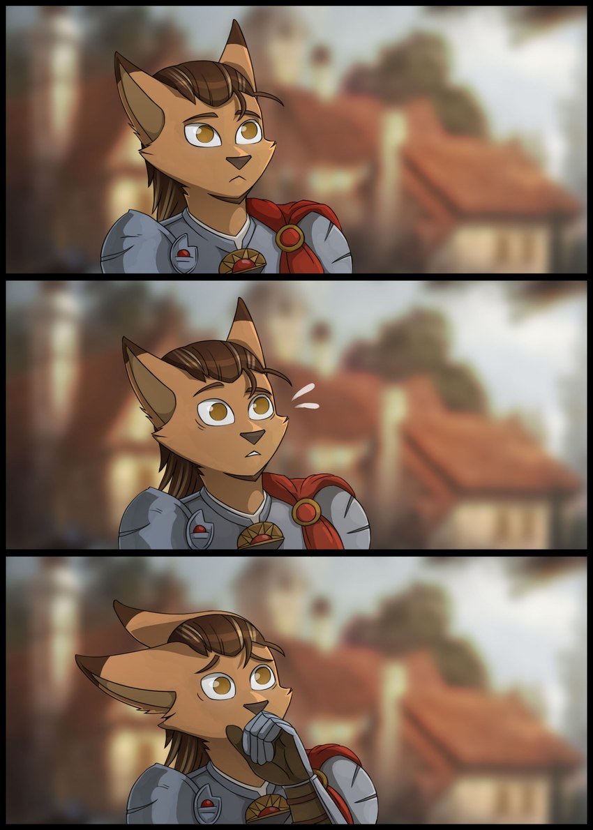 anthro armor beard black_border blurred_background border brown_body brown_eyes brown_fur brown_hair brown_nose clothed clothing facial_hair fur hair knight male slicked_back_hair solo warrior worried kitty_love felid feline mammal absurd_res hi_res reaction_image