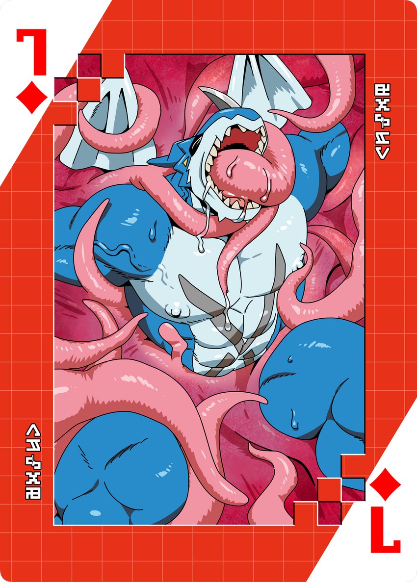 abs anthro blue_body card digimoji male muscular muscular_anthro muscular_male nipples oral oral_penetration pecs penetration playing_card restrained restrained_by_tentacles seven_of_diamonds solo suit_symbol tentacle_in_mouth tentacle_penetration tentacles tentacles_on_male roaringmoon bandai_namco digimon digimon_(species) exveemon scalie hi_res