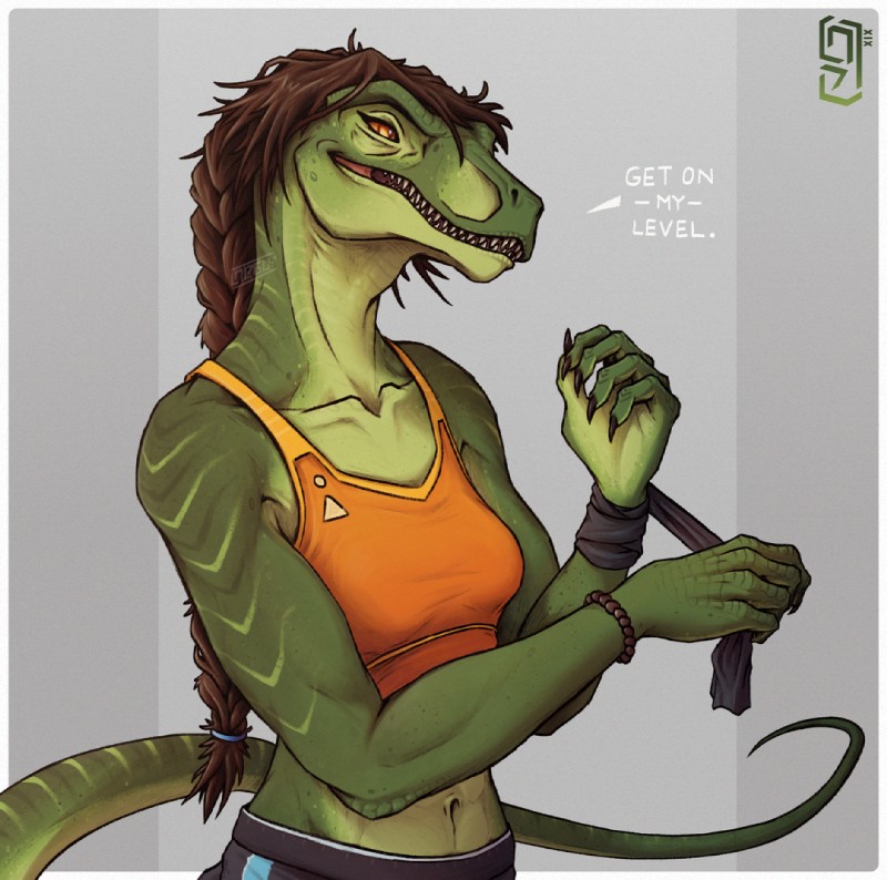 5_fingers abs amber_eyes anthro bra braided_hair breasts brown_hair claws clothing female fingers green_body green_skin hair midriff muscular muscular_anthro muscular_female navel non-mammal_breasts smile solo teeth underwear sunkenshrines yvonne_(lolzguy) dinosaur dromaeosaurid prehistoric_species reptile scalie theropod 2019 digital_media_(artwork)