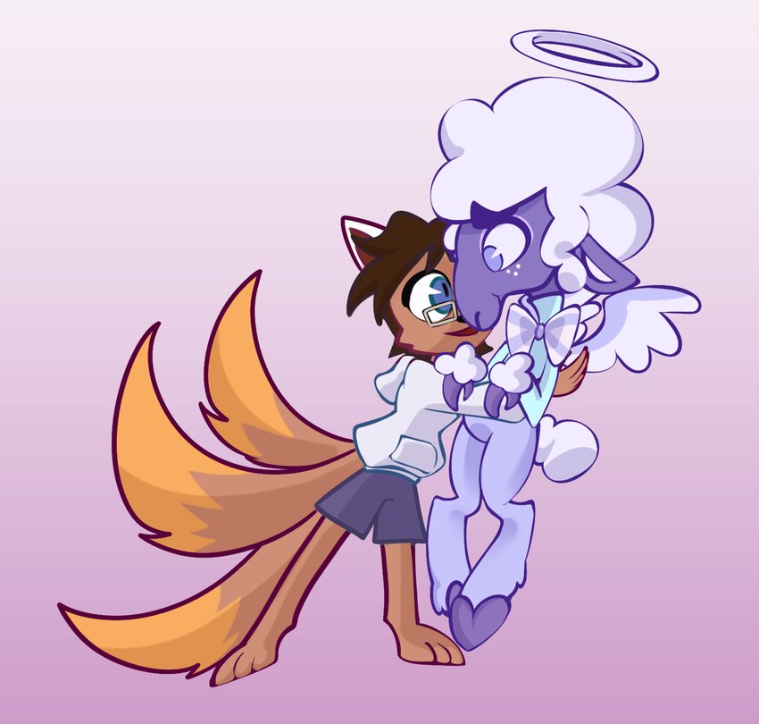 anthro clothing halo hoodie hug hugging_another male topwear vitpla helluva_boss collin_(helluva_boss) mikey_unovapix angel canid canine cherub fox mammal hi_res