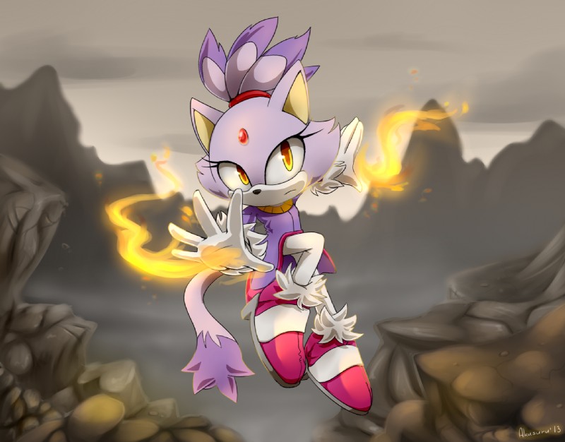 anthro black_nose clothing female fire footwear fur gem gloves hair handwear ponytail purple_body purple_fur purple_hair rock solo white_body white_fur yellow_eyes akusuru sega sonic_the_hedgehog_(series) blaze_the_cat felid mammal signature