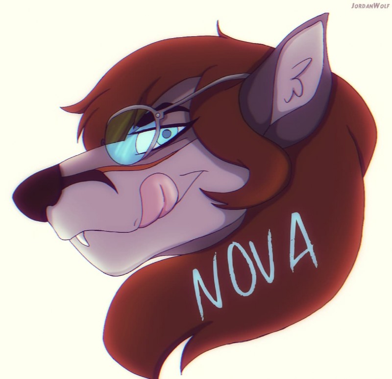 anthro blue_eyes brown_hair countershading eyewear fangs female glasses hair licking solo teeth tongue tongue_out jordan_wolf nova_era canid canine fox grey_fox mammal urocyon headshot_portrait portrait