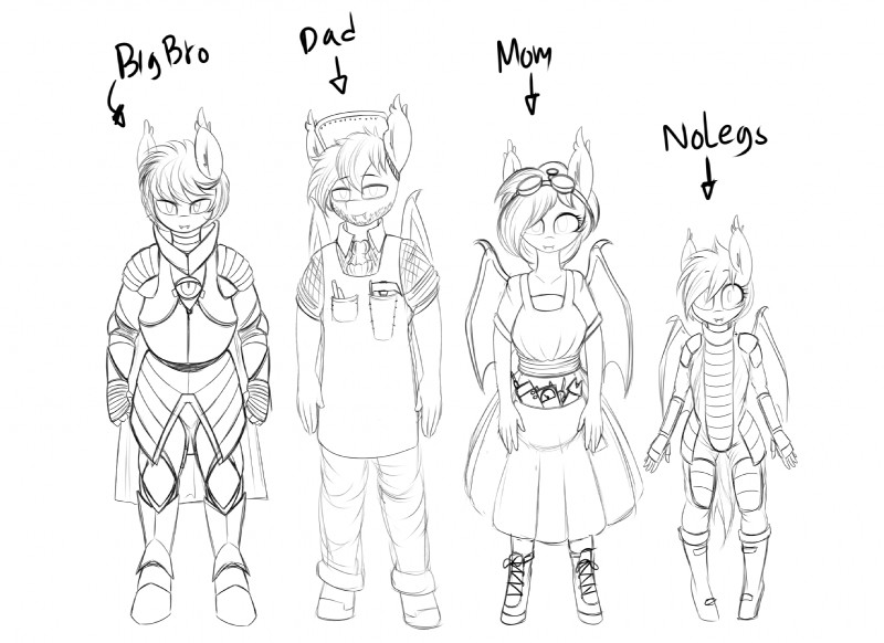 anthro armor clothing dress eyewear family female goggles group male wings replica_(artist) hasbro my_little_pony fan_character nectarine_wynne nightseeker_(oc) nolegs_(oc) vigil_(oc) bat_pony equid mammal 2016 hi_res monochrome sketch