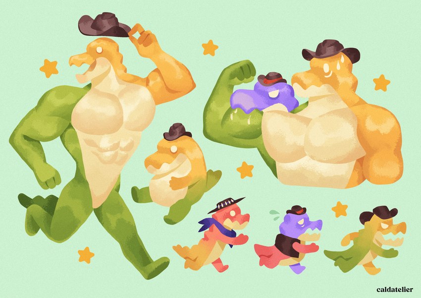 4_fingers abs anthro biceps blue_kerchief blue_neckerchief bowler_hat brown_clothing brown_hat brown_headwear candy clothing cowboy_hat dessert featureless_chest featureless_crotch featureless_feet feet fingers flexing flexing_bicep food glistening glistening_body green_body green_tail group gummy_(food) hat headgear headwear kerchief male mostly_nude_anthro mostly_nude_male muscular muscular_anthro muscular_male neckerchief neckwear pecs purple_body red_body red_tail running solo_focus tail tipping_hat trio yellow_body yellow_star caldatelier glitch_productions sitting_baby_alligator_meme the_amazing_digital_circus chad_(tadc) gummigoo_(tadc) max_(tadc) alligator alligatorid crocodilian food_creature gummy_creature living_candy reptile scalie absurd_res artist_name colored digital_media_(artwork) digital_painting_(artwork) hi_res meme multiple_images