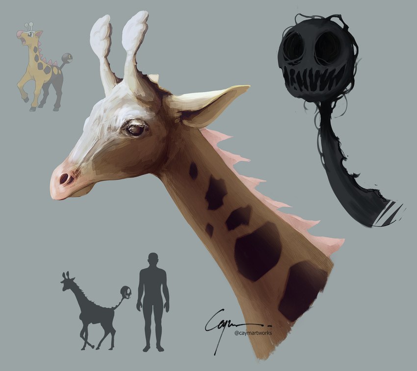 alternate_form ambiguous_feral ambiguous_gender brown_eyes brown_spots creepy duo empty_eye_sockets empty_eyes eye_socket feral grey_background height_comparison horn jagged_mouth living_tail long_neck mane nightmare_fuel ossicone pink_mane realistic silhouette simple_background spots tail tail_head unusual_anatomy unusual_tail caymartworks nintendo pokemon generation_2_pokemon girafarig giraffid human mammal pokemon_(species) 2022 bust_portrait hi_res portrait reference_image