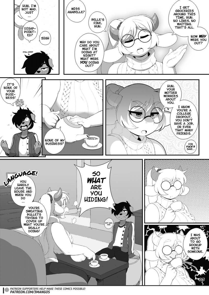 beverage big_breasts breasts butt curvy_figure duo eyewear female glasses hair horn male mature_female shocked spit-take tea text thick_thighs voluptuous chromapan anabelle_(3mangos) cocoa_(3mangos) bovid bovine canid canine canis cattle domestic_dog mammal 2018 comic english_text hi_res monochrome url