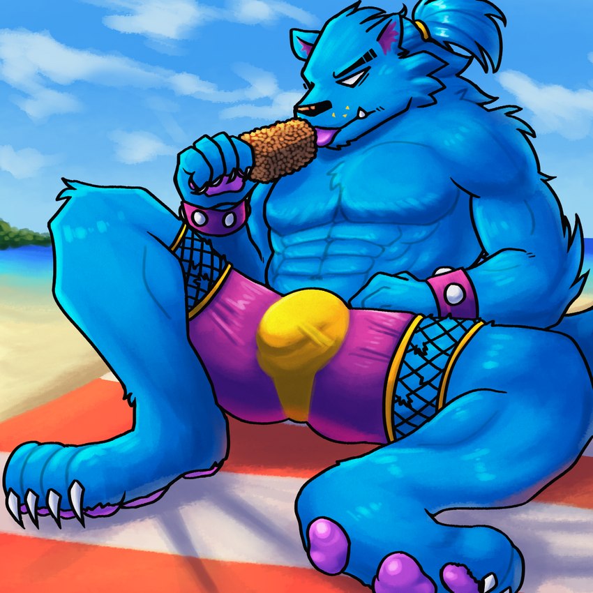 abs anthro beach blue_body blue_fur bulge clothing dessert feet food foot_focus fur ice_cream male muscular muscular_male pawpads seaside solo swimwear tongue tongue_out towel haha-yea mythology town_of_salem_2 lupin_(town_of_salem_2) canid canine canis mammal mythological_canine mythological_creature werecanid werecanine werecreature werewolf wolf 1:1 hi_res