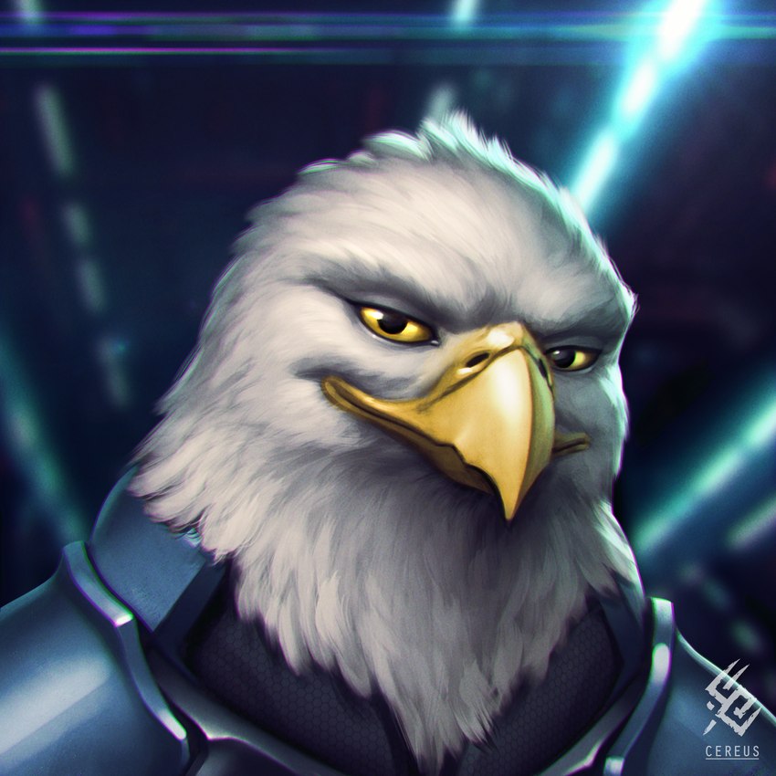 anthro armor beak confident confident_male detailed_feathers feathers looking_at_viewer machine male power_armor science_fiction science_fiction_background smile smiling_at_viewer solo white_body white_feathers yellow_beak yellow_eyes cereus93 alcander accipitrid accipitriform avian bald_eagle bird eagle sea_eagle 1:1 2024 detailed headshot_portrait hi_res portrait