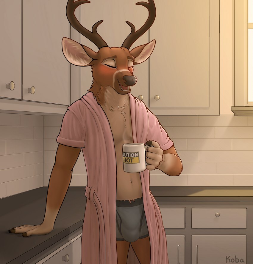 anthro antlers black_nose brown_body brown_fur bulge clothed clothing container cup cupboard fingers fur horn kitchen male multicolored_body multicolored_fur open_clothing open_robe robe solo steam teeth two_tone_body two_tone_fur underwear white_body white_fur koba koba_(koba) deer mammal absurd_res hi_res