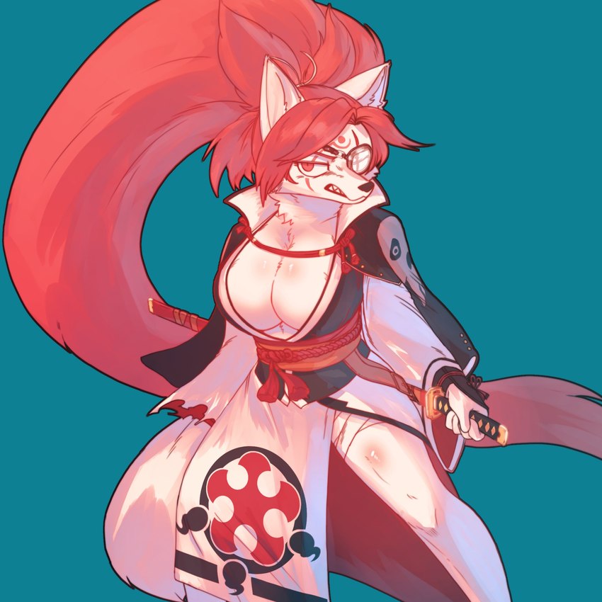 1_eye alternate_species anthro asian_clothing bared_teeth big_breasts breasts cleavage clothed clothing east_asian_clothing eye_patch eyewear female fur fur_markings furrification hair japanese_clothing katana kimono long_hair looking_at_viewer markings melee_weapon one_arm ponytail red_eyes red_hair scar solo standing sword weapon furryjuana arc_system_works guilty_gear baiken canid canine canis mammal wolf 1:1 absurd_res digital_media_(artwork) hi_res