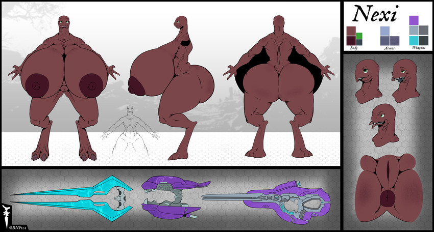 anthro anus big_breasts breasts butt energy_sword female genitals gun huge_breasts hyper melee_weapon nexi nipples plasma_gun plasma_rifle pussy ranged_weapon red_body red_skin solo sword text thick_thighs weapon curiousgarchomp dnp101 halo_(series) microsoft xbox_game_studios alien humanoid sangheili absurd_res english_text hi_res