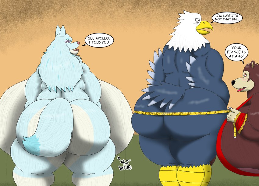 annoyed anthro areola areola_slip big_breasts big_butt breasts butt female group huge_breasts huge_butt hyper hyper_breasts male muscular muscular_male tape_measure text trio alythewolfcat animal_crossing nintendo apollo_(animal_crossing) sable_able whitney_(animal_crossing) accipitrid accipitriform avian bird canid canine canis eagle eulipotyphlan hedgehog mammal wolf english_text hi_res