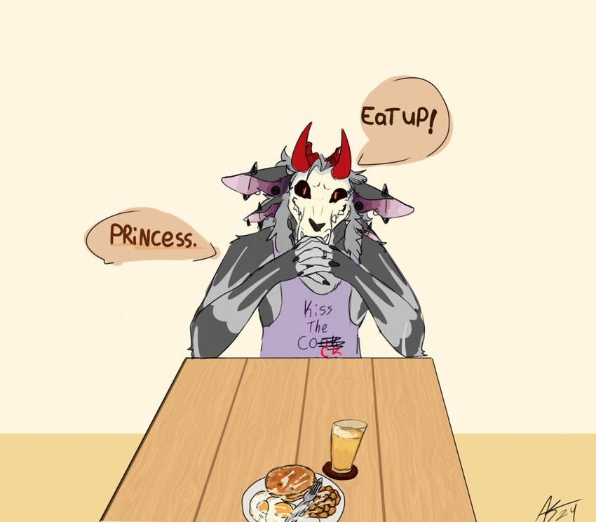 anthro apron apron_only black_sclera bodily_fluids bone breakfast clothed clothed_anthro clothed_male clothing cum cum_on_food cutlery dialogue egg fingers food fork fur furniture genital_fluids grey_body grey_fur horn kitchen_utensils male pancake plate red_horn shirt simple_background skull skull_head solo speech_bubble table teeth text tools topwear urine urine_in_cup axxelroze axxel_(axxelroze) digital_media_(artwork) english_text hi_res