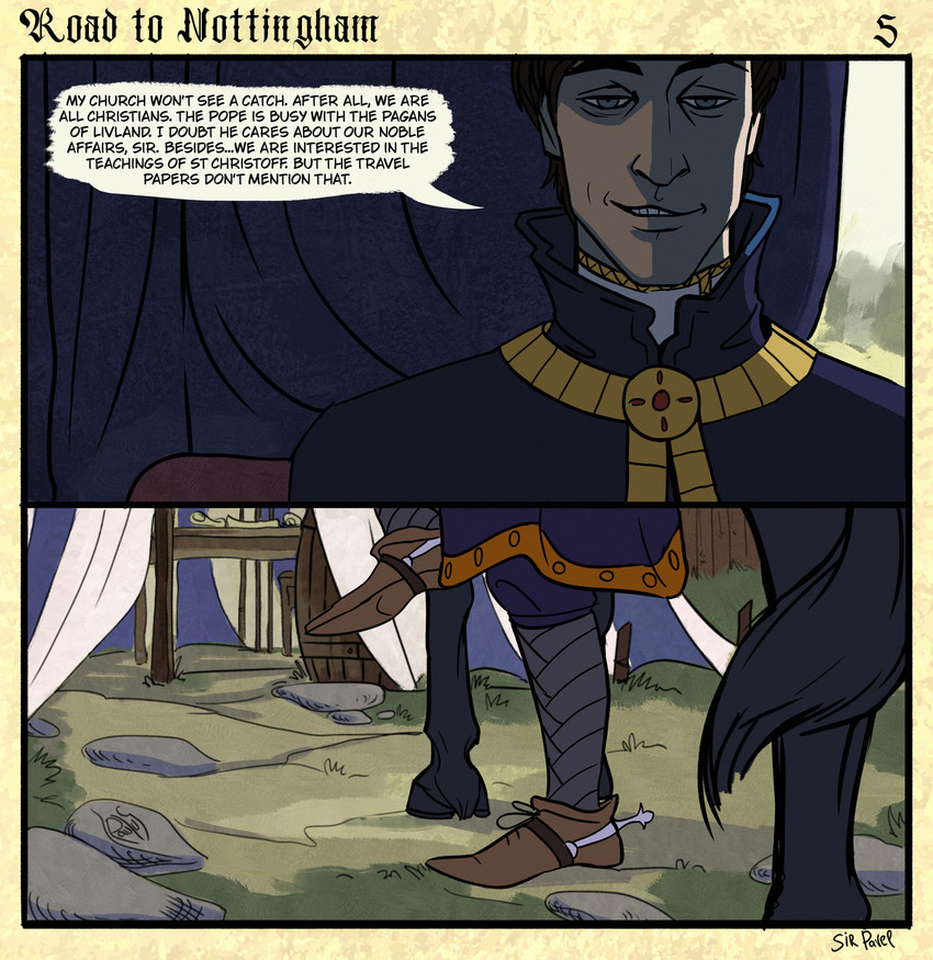 anthro black_tail carriage checkpoint clothing dialogue dirt dismounting earth feral footwear grass group guardsmen hooves inside insignia looking_at_viewer male nobleman outside planet plant rock shoes sitting smile smiling_at_viewer smirk smirking_at_viewer smug spurs standing tail text tree trio sir_paulus pavel_(sir_paulus) canid canine canis equid equine horse human mammal wolf comic english_text hi_res