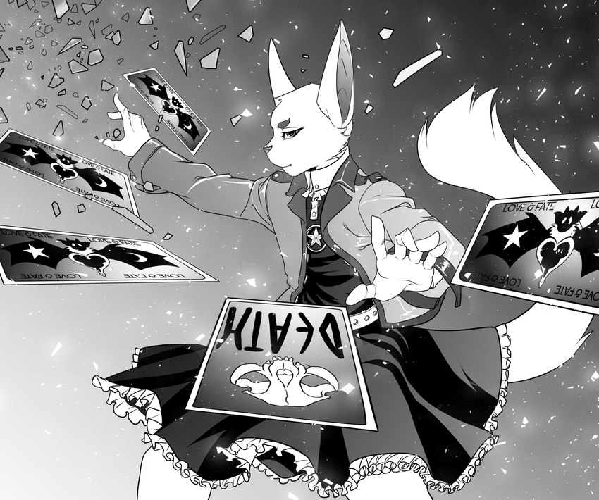abstract_background alternative_fashion anthro card clothed clothing death_(tarot) female fortune_telling fully_clothed fur goth gothic_lolita j-fashion jacket leather leather_clothing leather_jacket leather_topwear lolita_(fashion) magic magic_user major_arcana pose solo standing tarot tarot_card topwear white_body white_fur snow_kyubi nilla_bee_(dynamitegrizzly) domestic_cat felid feline felis mammal absurd_res black_and_white greyscale hi_res monochrome