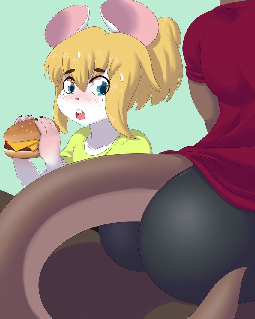 anthro big_butt black_bottomwear black_clothing black_pants blonde_hair blue_background blue_eyes blush bottomwear brown_body brown_fur buckteeth burger butt clothing faceless_anthro faceless_character faceless_male femboy food fur furgonomics green_clothing green_shirt green_topwear hair looking_at_another looking_at_butt looking_down male open_mouth pants pink_inner_ear pink_nose ponytail red_clothing red_shirt red_topwear shirt simple_background sitting tan_body tan_fur teeth topwear white_body white_fur mr-shin marvin_(mr-shin) shin_(mr-shin) mammal mouse murid murine mustelid otter river_otter rodent 2023 4:5 hi_res